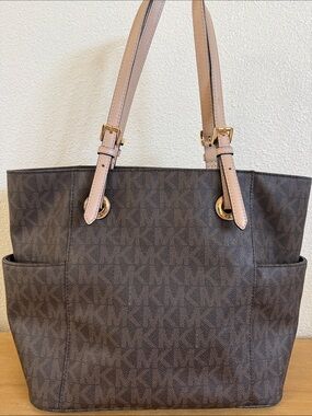Michael Kors Brown Logo Tote with Light Pink Handles